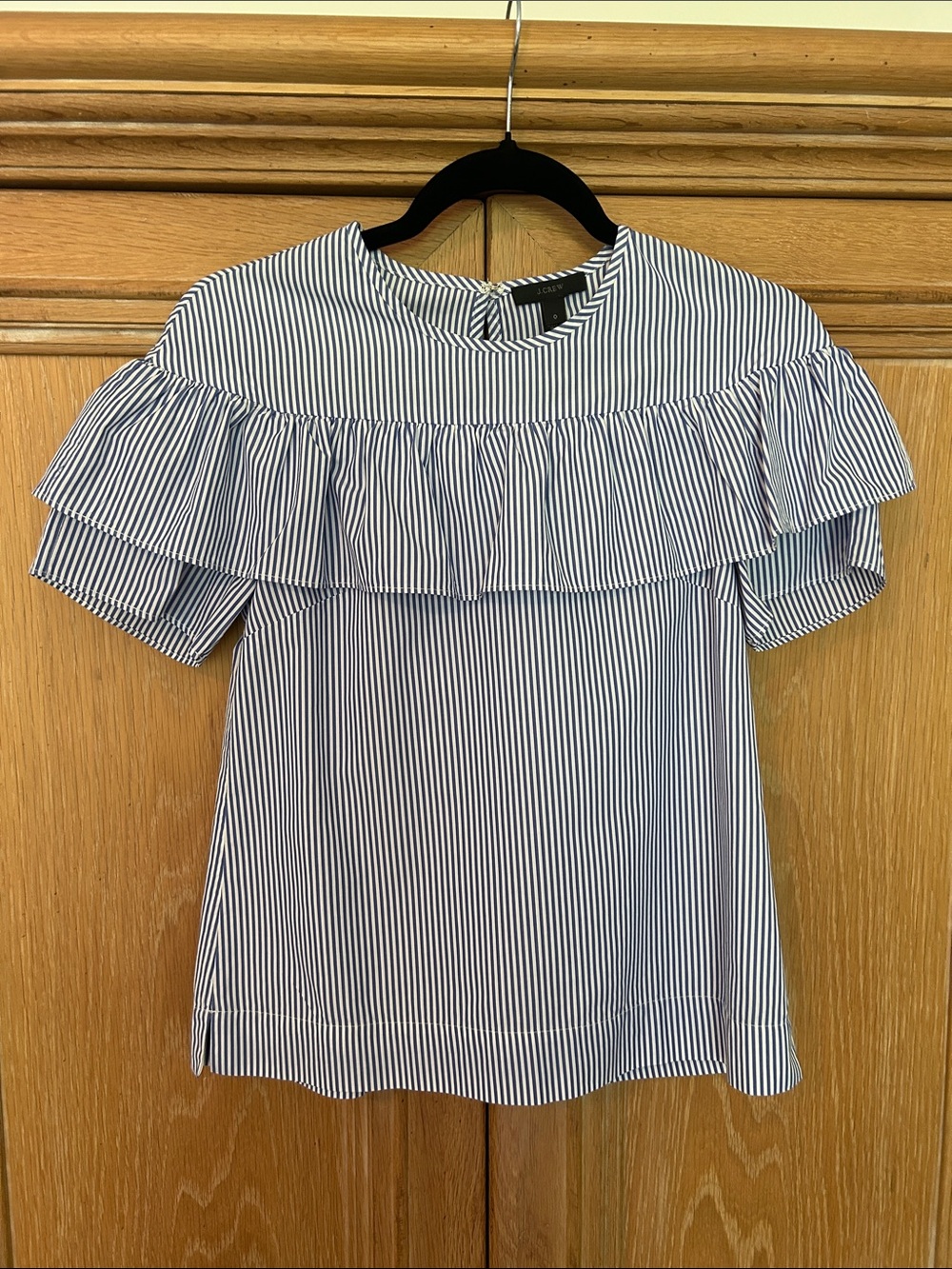 J. Crew Blue and White Striped Ruffle Yoke Blouse